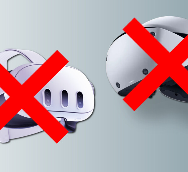 Two VR headsets with red X symbols on them