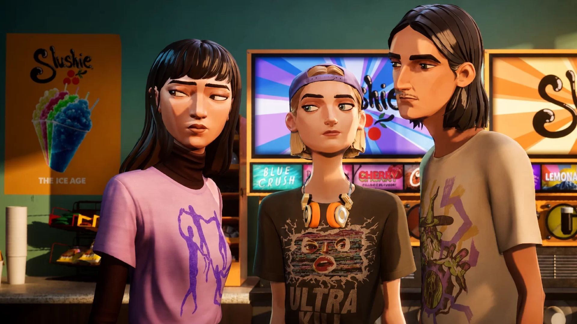 Three characters from Mixtape standing next to each other