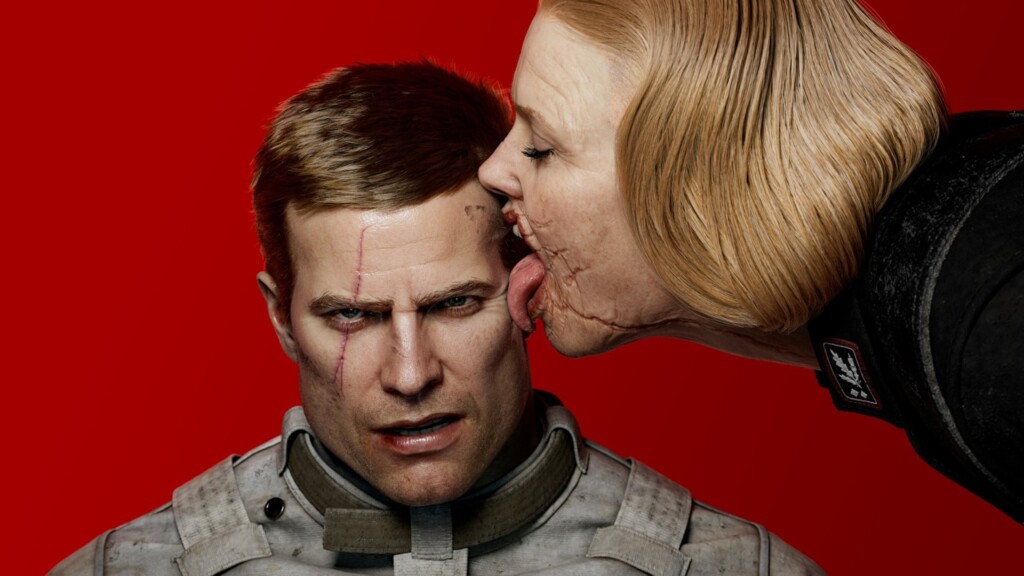 BJ Blaskowitz being licked by a female Nazi officer in Wolfenstein