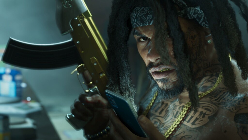 A tattooed gangster with a gun in Grand Theft Auto 6